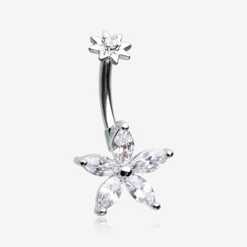 Brilliant Marquise Spring Flower Sparkle Internally Threaded Belly Button Ring-Clear Gem